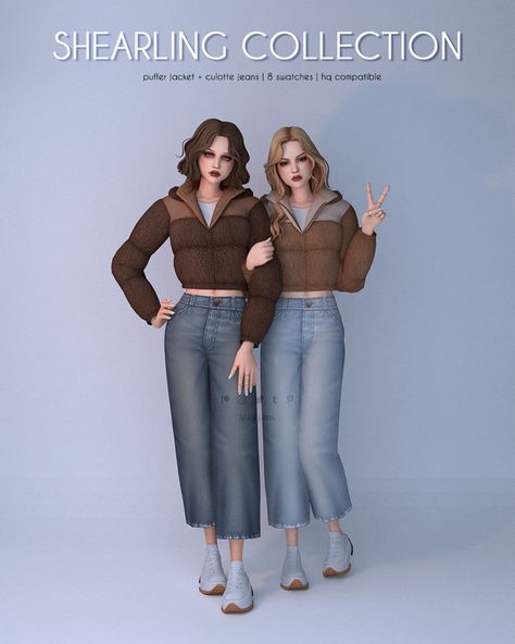 Puffer Jacket + Cullote Jeans - Shearling Collection | Patreon Sims 4 Cc Casual Clothes, Sims4 Build, Clothes Cc, Sims 4 Cas Mods, Sims Packs, Cc Clothes, Sims 4 Cc Shoes, Sims 4 Dresses, Sims 4 Mm