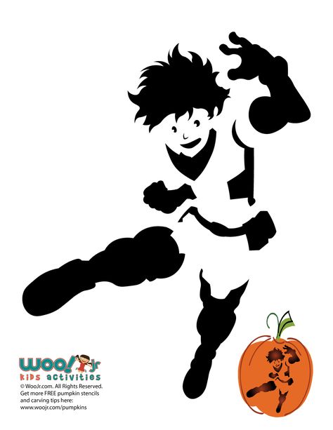 Deku My Hero Pumpkin Template to Carve | Woo! Jr. Kids Activities Mha Pumpkin Carving Ideas, Anime Pumpkin, Pumpkin Carving Stencils Templates, Pumpkin Stencils Free, Halloween Pumpkin Stencils, Disney Comics, Pumpkin Stencils, Halloween Pumpkin Carving Stencils, Pumkin Carving