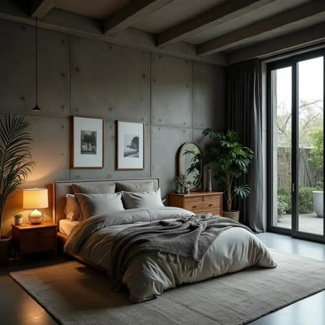 Black bedroom designs with rustic concrete with a touch of natural look. Designed by us... #interiordesign #interiordesignkenya🔥 #instagram Minimal Bedroom Ideas For Men, Concrete Bedroom Ideas, Industrial Interiors Bedroom, Dark Scandinavian Interior Bedroom, Concrete Wall Bedroom Interior Design, Bedroom With Concrete Floors, Bedroom Decor Man, Cement Bedroom Interior Design, Concrete Room Aesthetic