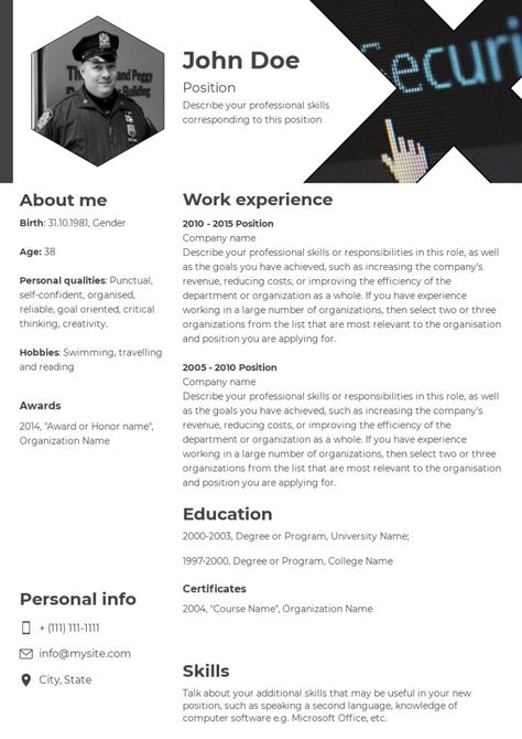 Security guard resume sample, made on Wilda Job Resume Format, Resume Format For Freshers, One Page Resume, Resume Sample, Job Resume, Resume Format, Security Guard, Send It, Describe Yourself