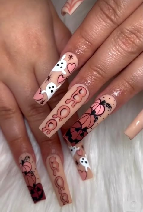 Hand Big Tattoo, Bart Simpson Nail Art, Coffin Short Pink Nails, Complex Acrylic Nail Designs, 90 Concert Outfit, Halloween Birthday Nail Designs, October Birthday Nails Acrylic, Pink Fall Acrylic Nails, Fall Character Nails