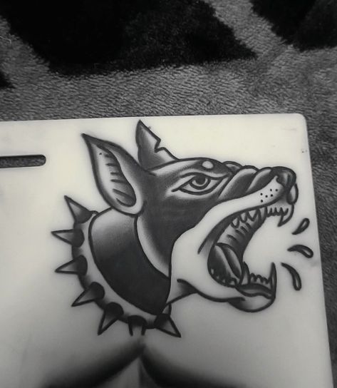 Doberman American Traditional Tattoo, American Traditional German Shepherd Tattoo, Cerebus Dog Tattoo Traditional, Traditional Style Dog Tattoo, Mean Dog Tattoo, Dog American Traditional Tattoo, Barking Dog Tattoo, Old School Dog Tattoo, Traditional Pitbull Tattoo