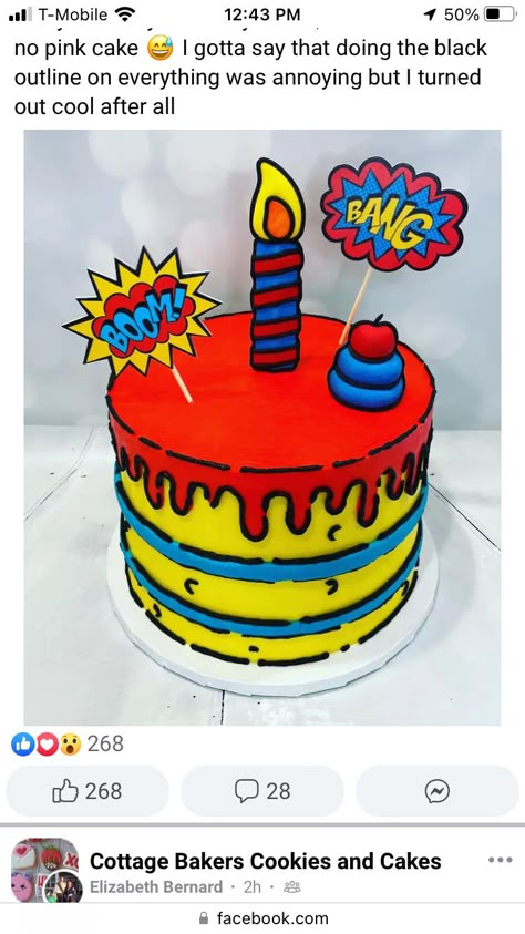 Comic Theme Cake, Cartoon Style Birthday Cake, Comic Cake For Men, Pop Art Cake Ideas, Comic Book Cake Ideas, Cartoon Style Cake, Comic Cake Birthday, Pastel Comic, Comic Book Cake