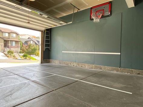 Garage Pickleball Court, Wallpaper In Garage, Pickleball Practice Wall, Diy Pickleball Practice Wall, Diy Pickleball Court, Garage Basketball Court, Content Creation Room, Home Pickleball Court, Garage Space Ideas