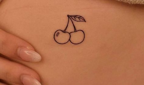 Outline Cherry Tattoo, Single Cherry Tattoo, Matching Cherry Tattoos, Cherry Tattoo On Bum For Women, Fine Line Cherry Tattoo, Handle With Care Tattoo, Small Cherry Tattoo, Panty Line Tattoo, Cherry Tattoo Design