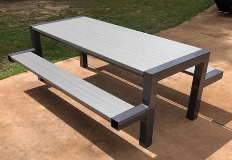 Steel Picnic Table, Outdoor Metal Table, Metal Picnic Tables, Iron Furniture Design, Plastic Lumber, Indoor Picnic, Terrace Garden Design, Steel Bed Frame, Picnic Bench