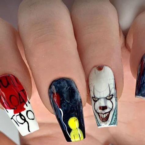 Candy Nails UK ™ on Instagram: "Absolutely stunning Halloween set!  Have spooktacular Halloween everyone! Decals available: www.candynailsuk.com  ——————————————————— #itnails #ithorrormovie #pennywise #pennywisenails #candynailsuk #halloweennails #halloweennaildecals #naildecals #naildecalsstickers #naildecal #nailsofinstagram #horrornails #movienails #nailsoftheday #nailstagram" Pennywise Nails, Halloween Nail Decals, Horror Nails, Candy Nails, Nail Stickers Decals, Spooktacular Halloween, Nail Stuff, Nail Decals, Halloween Nails