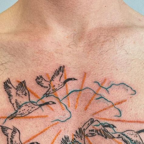 ori on Instagram: "For Stone, inspired by Gary Greff's sculpture "Geese in Flight" on the enchanted highway (last pic for the sculpture) thanks for always bringing me fun projects and letting me go wild with them - a pleasure to work with you 🌦" Wild Geese Tattoo, Geese Drawing, Geese Tattoo, Goose Drawing, Goose Tattoo, Party Tattoos, Body Decor, Stick And Poke, Go Wild