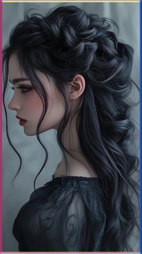 Gothic Braided Hairstyles, Halloween Wedding Hairstyles, Gothic Wedding Hairstyles, Goth Wedding Hair, Painting Ideas Portrait, Vampire Hairstyles, Witchy Hairstyles, Albino Oc, Black Hair Purple Eyes