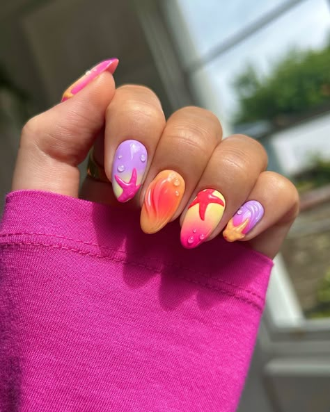 Summery starfishies 🥹🐙🌺🍊✨ I say this basically every week but these are definitely a new favourite of mine and I shed a tear when I removed them 🥲 rings from @luvaj 🫶 #nails #nailinspo #nailart #naildesign #summernails #3dnails #mixandmatchnails Nagel Inspiration, Uñas Ideas, Nailinspo Nailart, Teen Nails, Nail Techniques, Cute Simple Nails, Summery Nails, Pretty Nail Art Designs, Cute Gel Nails