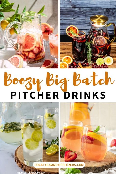 The best big batch cocktail recipes! Pitcher lemon vodka drinks, large batch peach lemonade vodka pitcher recipes, Christmas cocktails and more. Alcoholic drinks to serve in martini glasses, rocks glasses, coupe glasses, highball glasses and large cocktail pitchers. Cocktail recipes for a large crowd. Perfect for summer party drinks and holiday entertaining. Drinks To Serve At A Party, Martini Pitcher Recipes, Pitcher Of Cocktails, Housewarming Party Drinks, Fizzy Alcoholic Drinks, Jug Alcohol Drinks, Large Batch Non Alcoholic Drinks, Pitcher Gin Cocktails, Cosmopolitan Drink Recipe Pitcher