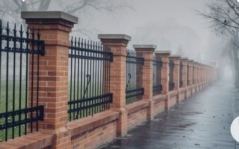 Brick Wall Fencing, Half Brick Fence, Brick Wall With Fence On Top, Brick And Iron Fence Front Yards, Bricks Fence Ideas, Brick And Wrought Iron Fence, Fencing On Top Of Brick Wall, Wall Fence Design Brick, Brick And Metal Fence