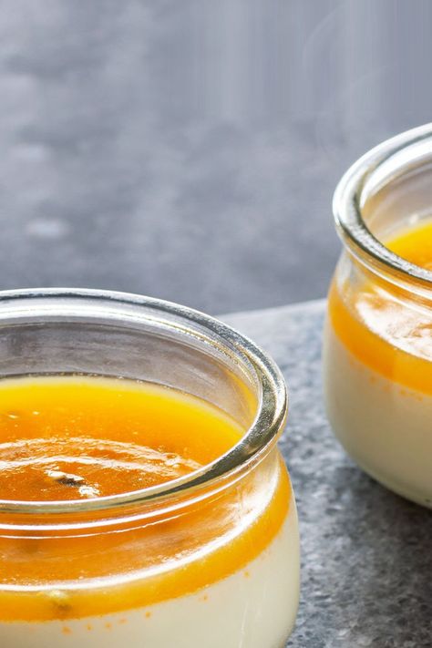 Ingredients: Puree: 500g fresh mango 40g caster sugar Panna Cotta: 350ml crème fraîche 200ml semi-skimmed milk 400ml mango puree 8 cardamom pods, crushed 3 ½ level tsp gelatine 3 tbsp water Coulis: 100ml puree 3 tsps triple sec 1 passion fruit Mango Panna Cotta Recipe, Mango Panna Cotta, Coulis Recipe, Mango Coulis, Cardamom Pods, Panna Cotta Recipe, Skimmed Milk, Mango Puree, Skim Milk