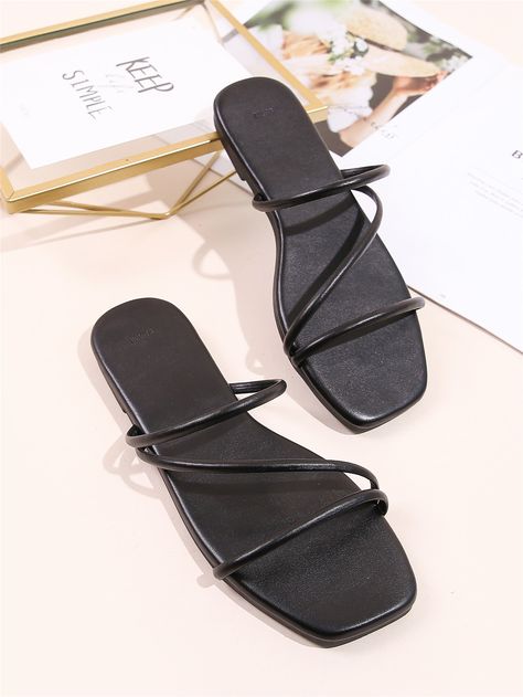 Pretty Sandals Flat, Black Flat Slippers For Summer, Trendy Black Non-slip Sandals, Elegant Sandals Flat, Black Non-slip Flat Heel Slides, Black Non-slip Sandals For The Beach, Non-slip Black Flip Flops For Streetwear, Elegant Shoes Heels, Sandals Shein