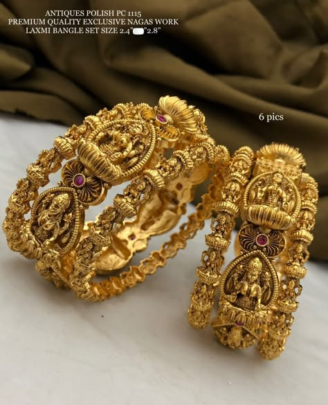 Temple Jwellary, Lakshmi Bangles, Traditional Closet, Statement Jewelry Outfit, Hindu Jewelry, Golden Bangles, Kada Bangles, Wedding Ornaments, Wedding Jewelry Sets Bridal Jewellery