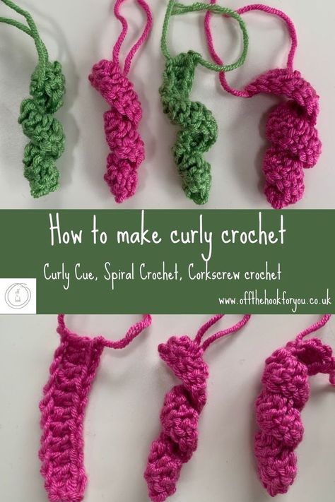 How to make crochet curly. A quick and easy guide to make a curly cue, spiral crochet, or corkscrew crochet. Paw Crochet, Crochet Spiral, Crochet Curls, Spiral Crochet, Crochet Festival, Crafts Crochet, Easy Crochet Stitches, Crochet Hair Accessories, Crochet Tips