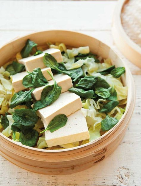 Steamed Tofu with  Greens & Peanut Sauce | Williams-Sonoma Taste Cabbage And Spinach, Steamed Recipes, High Fiber Low Carb, Meatless Mains, Steamed Veggies, Cooking Tofu, Peanut Sauce Recipe, Cheese Grits, Scrumptious Food