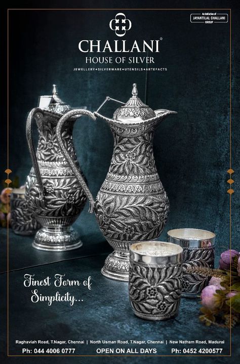 The jug features a very stylish and Chitai design for its time with an oblong-shaped body and a sleek band of oval decorations spanning across the side. The handle also presents an array of gorgeous decorations and unique geometric shapes which compliment the overall aesthetics of this jug very well. CHALLANI - HOUSE OF SILVER : No. 138, North Usman Rd, T. Nagar, Chennai, Tamil Nadu 600017. Please call us for the video call or for further queries at +91-9094949465. Silver Idols, Silver Jug, Water Jug, Video Call, Tamil Nadu, Chennai, Sugar Bowl Set, Geometric Shapes, Diy Home Decor