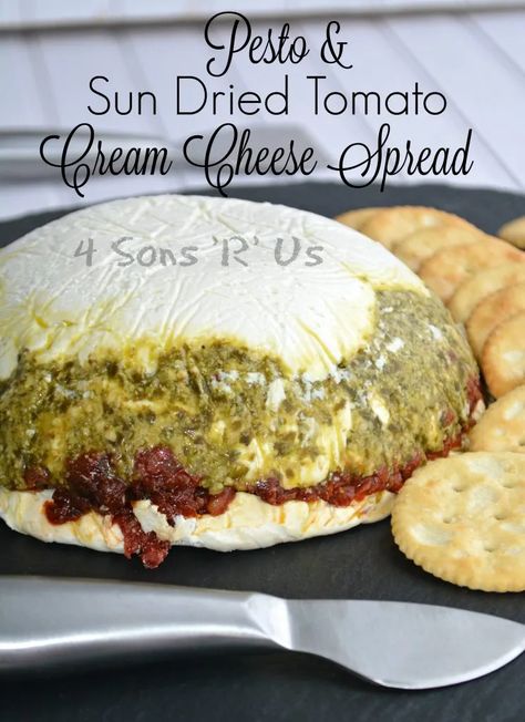 Pesto Sundried Tomato Cream Cheese Dip, Pesto Cheese Ball, Dip Recipies, Pesto Cream Cheese, Pesto Appetizers, Shower Recipes, Tomato Appetizers, Italian Dinners, Cheese Spread Recipes