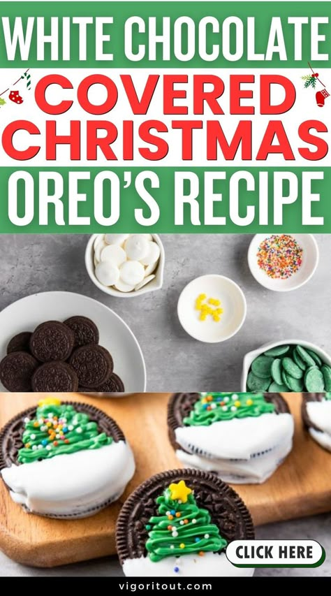 Easy, fun, impressive white chocolate covered Christmas tree Oreo cookie recipe. White chocolate covered Christmas Oreos that everyone will love! Kid friendly christmas cookies, chocolate-covered Oreo's for Xmas. Easy ideas for Christmas chocolate covered Oreos with Christmas tree decorations. Christmas Chocolate Covered Oreos, Christmas Oreos, White Chocolate Oreos, Oreo Cookie Recipes, White Chocolate Covered, Best Christmas Recipes, Oreo Recipes, Covered Oreos, Chocolate Oreos