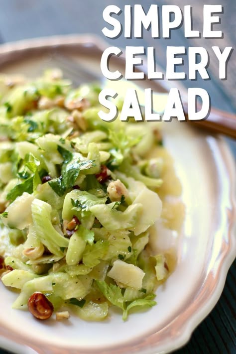 celery salad with text overlay on a white and tab platter. Celery Meal Ideas, Raw Celery Recipes, Celery Salad Recipes Healthy, Cucumber Celery Salad, Celery Recipes Salad, What To Do With Celery, Celery Salad Recipes, Recipes With Celery, International Salads