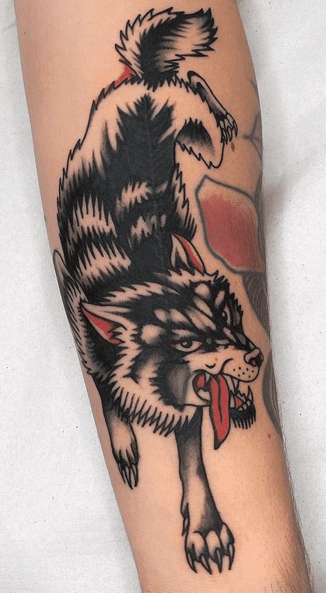 Crawling Wolf Tattoo Traditional, American Traditional Husky Tattoo, Trad Wolf Tattoo, Wolf Types, American Traditional Wolf Tattoo, Wolf Traditional Tattoo, Traditional Dog Tattoo, Tattoo Ideas Traditional, Traditional Wolf Tattoo