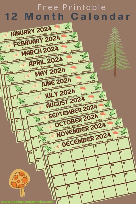 Earthy free printable 12 month calendar - the perfect nature and cottagecore aesthetic to remind you of the outdoors when you're indoors! #calendar #organize #cottagecore #forest #nature #printable #freeprintable #earthy #green Free Travel Printables, Cottagecore Forest, Nature Calendar, Travel Printables, Forest Aesthetic, 12 Month Calendar, Earthy Green, Month Calendar, Printable Maps