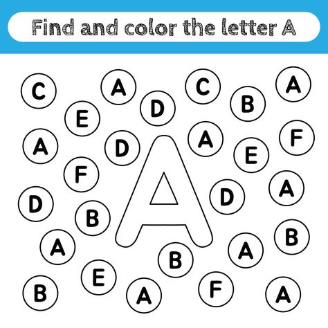 Learning worksheets for kids, find and color letters. Educational game to recognize the shape of the alphabet. Letter A. Letter A Worksheet, Alphabet Letter Find, Letter I Worksheet, Name Activities Preschool, School Kids Activities, English Worksheets For Kindergarten, Letter Games, Letter Find, Free Kindergarten Worksheets