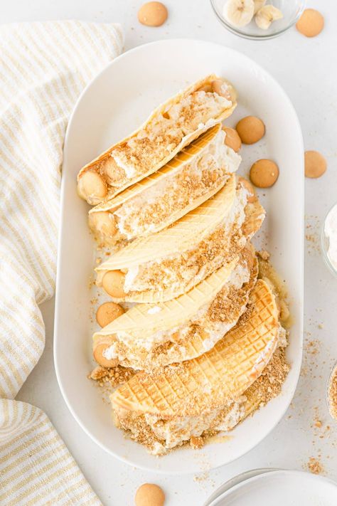 Banana Pudding Tacos - Happy Homeschool Nest Banana Pudding Tacos, Recipe For Banana Pudding, Dessert Taco, Taco Shell, Vanilla Wafer, Banana Dessert Recipes, Taco Fillings, Banana Dessert, Taco Stuffed Shells