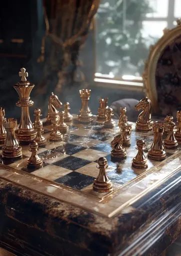 ↑↑↑ Larger size on website 🔸 A golden chessboard sits in a luxurious room, bathed in soft light. The chess pieces are crafted in Luxurious Room, Snowy Landscape, Chess Pieces, Dream House Decor, Antique Finish, Soft Light, Chess Board, Soft Lighting, Chess