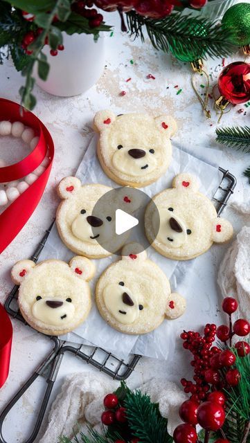 Chelsey White on Instagram: "✨Polar Bear Cookies✨

These adorable cookies are surprisingly easy to make! They’re frosted with buttercream & dunked in sanding sugar so you don’t have to worry about getting the frosting super smooth, and the face is made with sprinkles & chocolate chips ☺️ The recipe is linked in my bio or you can google chelsweets polar bear cookies #polarbear #cookies" Polar Bear Cookies, Holiday Cookies Decorated, Kids Treats, Sanding Sugar, Royal Christmas, Kids Treat, Bear Cookies, Xmas Cookies, Cookies Decorated