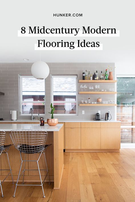 If you're looking to add some midcentury flair to your kitchen, don't forget about the kitchen flooring! Check out some of the best flooring materials you can use in a midcentury modern renovation. #hunkerhome #midcenturymodern #kitchen #kitchenideas #flooring Midcentury Modern Wood Flooring, Midcentury Flooring Ideas, Mid Mod Flooring, Midcentury Modern Wood Floors, Mid Century Wood Flooring, Midcentury Modern Renovations, Mid Century Modern Lvp Flooring, Mid Century Vinyl Flooring, Modern Mcm Kitchen