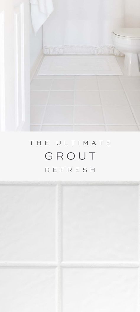 Learn the keys to changing your grout colors with the simplest grout stain product that might just change your life! We created the ultimate grout refresh- taking our dark, dirty beige grout to a fresh new white grout color with very little time or money. White Grout Cleaner, How To Clean White Grout, Clean White Grout Bathroom, How To Clean White Grout In Bathroom, White Tile White Grout, Change Grout Color Bathroom, No Grout Tile, Cleaning White Tile And Grout, Cleaning White Grout On Tile Floors