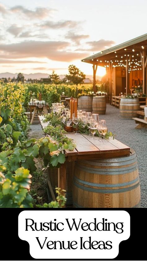 A beautifully decorated rustic barn wedding venue with fairy lights and wooden tables. Farm Venue Ideas, Elevated Rustic Wedding, Rustic Wedding Venue Ideas, Wedding Brewery, Barrel Wedding Decor, Rustic Winery Wedding, Vintage Table Settings, Farm Table Decor, Vineyard Wedding Decor