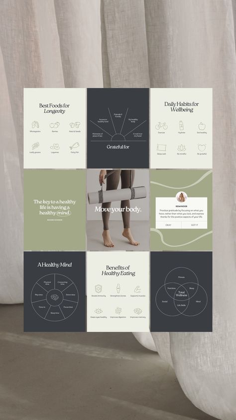 Cultivate a tranquil wellness space on Instagram with this template pack, specifically crafted for wellness, health, and fitness coaches.  Elevate your social media presence with captivating and impactful content.  Whether you're sharing inspiring words or nourishing healthy living advice, these Canva templates empower you to design stunning, brand-consistent visuals effortlessly.  .#CanvaTemplates #SocialMediaDesign #InstagramIdeas #PinterestTemplates #CreativeCanva Health Care Instagram Feed, Health Coach Instagram Content, Holistic Wellness Coach, Yoga Social Media Design, Mental Health Instagram Ideas, Health Coach Aesthetic, Pilates Social Media, Health And Wellness Instagram Feed, Wellness Content Ideas