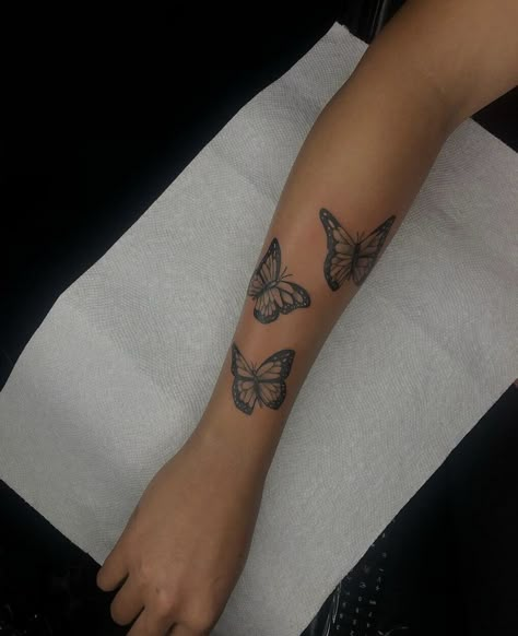 Butterfly On Forearm, 3 Butterflies Tattoo On Arm, Butterfly Tats On Arm, Simple Butterfly Tattoo Arm, Sleeve Of Small Tattoos, Butterflies On Forearm Tattoo, Butterfly Arm Tattoos For Women Sleeve, Forearm Butterfly Tattoo Women, Butterflies On Arm Tattoo