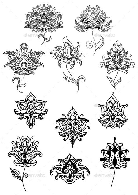 Persian And Indian Paisley Flowers Set - Flowers & Plants Nature Iranian Carpet Living Room, Flowers Indian, Indian Paisley, Iranian Carpet, Textured Carpet, Paisley Flower, Sketch Tattoo Design, Free Vector Illustration, Carpet Living Room