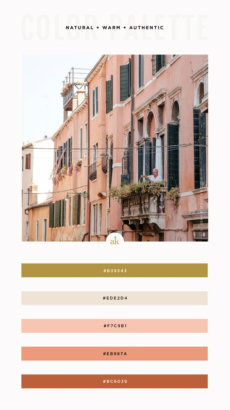 an Italian-balcony-inspired color palette // natural, warm, authentic, boho // green, natural pearl white, peachy apricot, tuscan brown Tuscan Colour Palette, Italian Colour Palette, Dark Green Shutters, Italy Color Palette, White Window Frames, Italian Color Palette, Tuscan Color Palette, Italian Balcony, Tuscan Colors