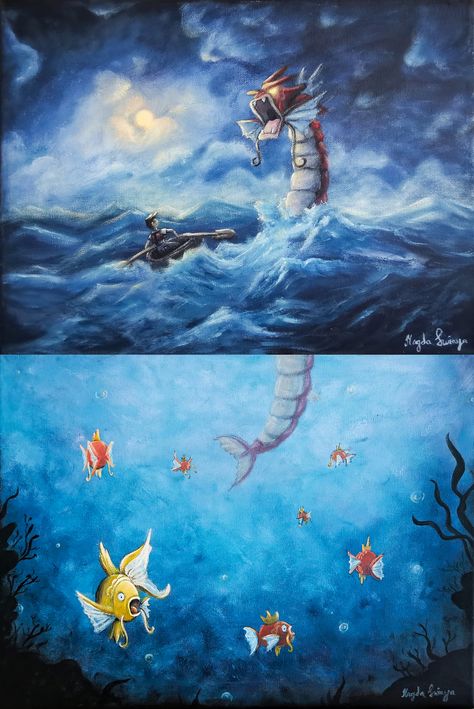 Its a recreation of the Shiny Gyarados and Shiny Magikarp Pokemon cards Shiny Magikarp, Shiny Gyarados, Painting Pokemon, Card Painting, Pokemon Painting, Acrylic Paintings On Canvas, Pokemon Tattoo, Water Type, Paintings On Canvas