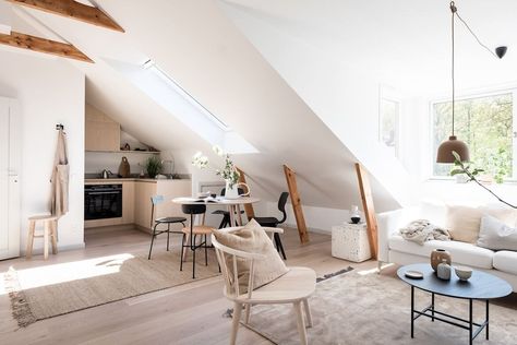 A Scandinavian Attic Apartment with Plenty of Natural Light - The Nordroom Attic Apartment Living Room, Scandinavian Attic, Small Attic Apartment, Attic Flat, Nordic Apartment, Attic Kitchen, Mini Loft, Cesar Chavez, Attic House