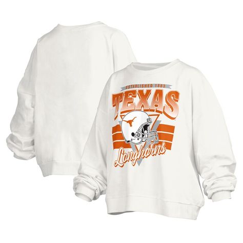 Layer up with a bold display of your unending loyalty to the Texas Longhorns by grabbing this Janice Retro Logo Oversized Pullover Sweatshirt from Pressbox. It features the university's founding year, a Texas Longhorns wordmark and a team helmet printed across the torso. The oversized design ensures this extra layer rests comfortably while the midweight design makes this pullover an ideal grab when cooler temperatures arrive. Texas Longhorns Football Logo, Texas Longhorns Football, Longhorns Football, Texas Longhorn, Football Logo, Texas Longhorns, Retro Logo, Oversized Pullover, White Sweatshirt