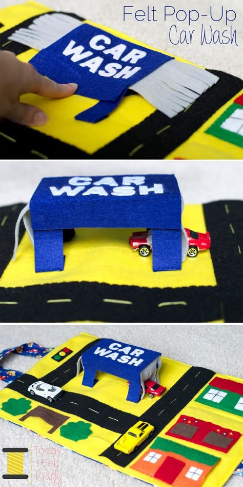 Felt Pop-Up Car Wash - Car Play Mat - Today I Felt Crafty Car Play Mats, Felt Play Mat, Boys Play, Quiet Book Patterns, Felt Books, Felt Quiet Books, Boy Gifts, Felt Book, Play Mats