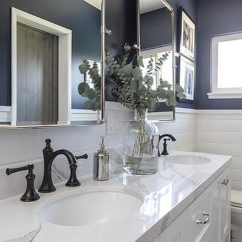 Navy Blue Powder Room Vanity with White and Gray Cement Tiles - Transitional - Bathroom White And Navy Bathroom, Calcutta Quartz, Bathroom Countertop Ideas, Bathroom Vintage Style, Walls Design, Navy Bathroom, Shiplap Bathroom, Polished Nickel Hardware, Room Vanity