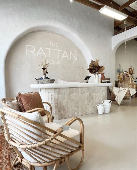 Bali Salon Interior, Luxury Nail Salon Interior Design Modern, Neutral Reception Area, Tan Salon Aesthetic, Coastal Salon Decor, Boho Reception Desk, Beige Salon Aesthetic, Spa Entrance Reception Areas, Wellness Studio Aesthetic