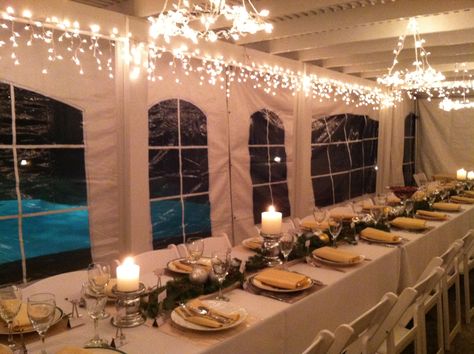 Christmas Dinner in tented patio Thanksgiving Tent Decor, Tented Dinner Party, Diy Tent Party, Outdoor Christmas Dinner Party Decor, Decorate A Party Tent, Party Tent Decorations Backyards, Outdoor Christmas Dinner Party, Tent Dinner Party, Decorating Inside A Party Tent