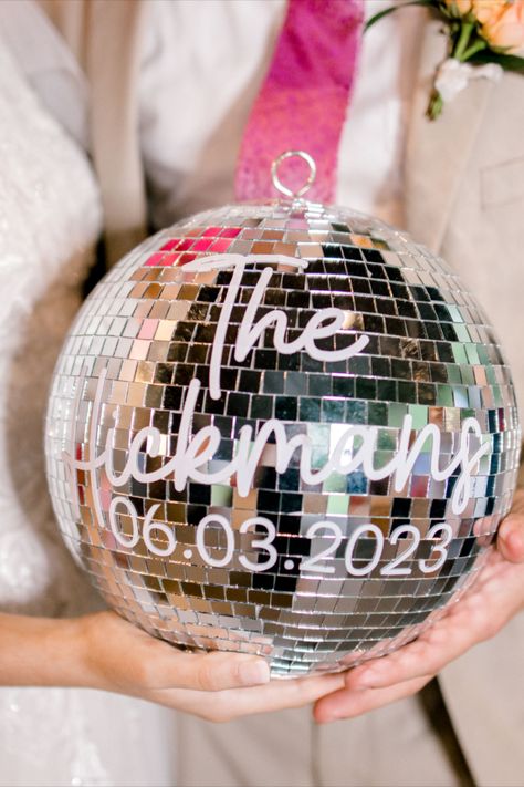 Disco Ball Wedding Photobooth, Disco Theme Rehearsal Dinner, Disco Ball Themed Wedding, Personalised Disco Ball, Personalized Disco Ball, Hanging Disco Balls Wedding, Disco Ball Welcome Sign, Wildflower Disco Ball Wedding, Disco Ball Centerpiece Ideas Wedding