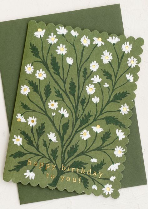 A scalloped edge birthday card with chamomile floral print on olive green. Birthday Card From Inside, Tree Birthday Cards, Original Birthday Cards, Artsy Birthday Gifts, Aesthetic Handmade Birthday Cards, Green Birthday Card Ideas, Aesthetic Greeting Card Ideas, Quick Birthday Cards, Green Journal Ideas