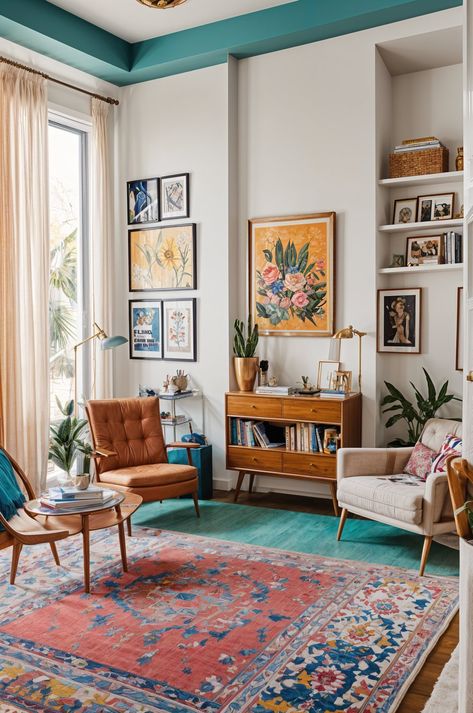 Eclectic Living Room with a Mix of Furniture, Artwork, and Plants - Design Ideas AI Teal Eclectic Living Room, White Eclectic Living Room, Front Room Furniture Ideas, Eclectic Bedrooms, Eclectic Interior Design Vintage, Colorful Midcentury, Mcm Living Room, Eclectic Decor Vintage, Vintage Living Room Decor