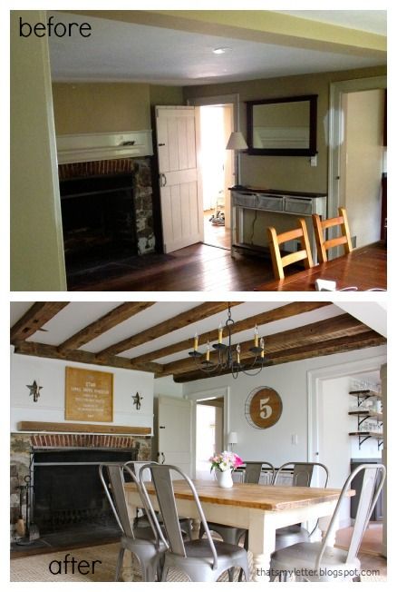 primitive farmhouse dining room before and after Wood Beams Ceiling, Post And Beam Farmhouse, Beams Ceiling, Ceiling Makeover, Exposed Wood Ceilings, Exposed Beams Ceiling, Farmhouse Makeover, Exposed Ceilings, Beadboard Ceiling