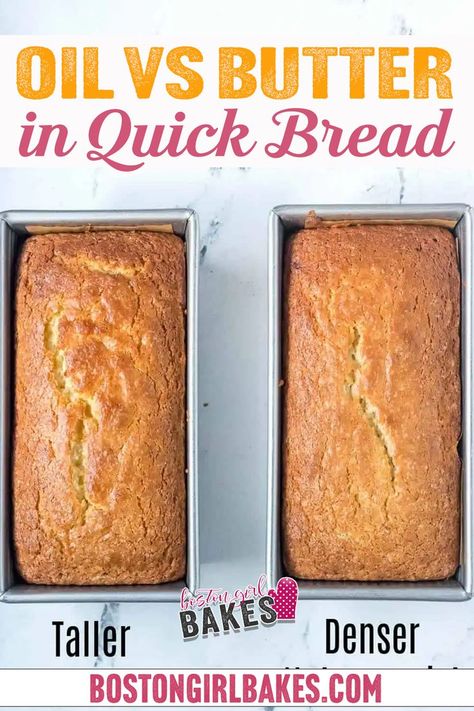 Make delicious baked goods by learning the effects of substituting fats in baking recipes. Here’s everything you need to know about oil vs butter in quick bread. In baking, adding a form of fat is a must. Butter and oil are the most commonly used fat. But can you use butter to substitute oil or oil for butter, especially in quick bread? Learn everything you need to know about substituting oil with butter and vice versa with this guide. | @bostongirlbakes Oil Alternative In Baking, Baking Substitutes For Oil, Substitute Vegetable Oil Baking, Butter Substitute Baking, Baking Replacements, Banana Bread With Oil, Recipes Using Bananas, Bread Substitute, Canned Butter